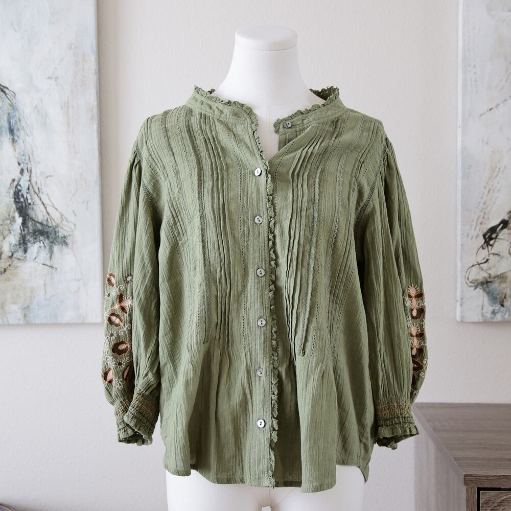 WRAP London Embroidered cotton gauze button-down blouse size M